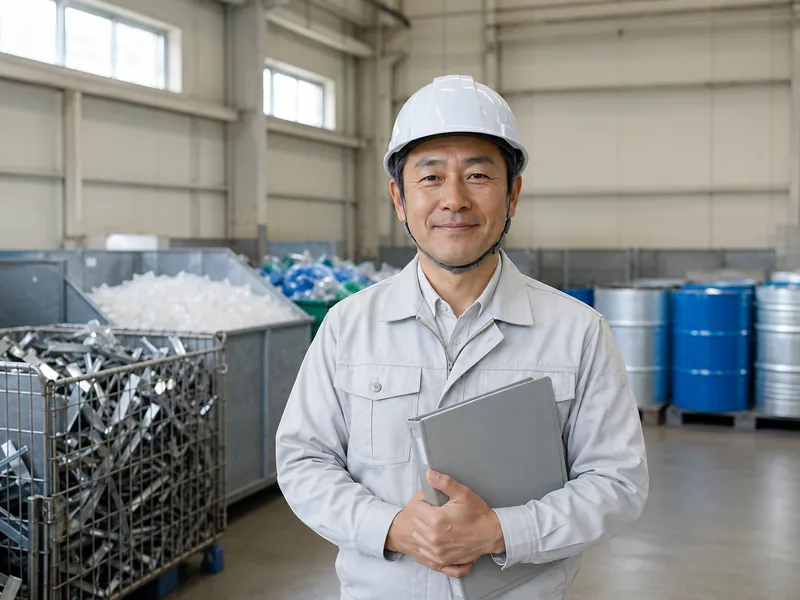 工場の廃棄物保管エリアに立つ作業者