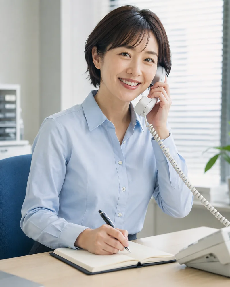 電話で問い合わせに応対する事務所の担当者