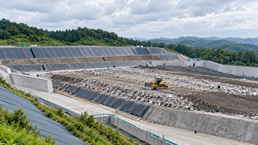 造成された最終処分場の埋立エリアと転圧用の重機
