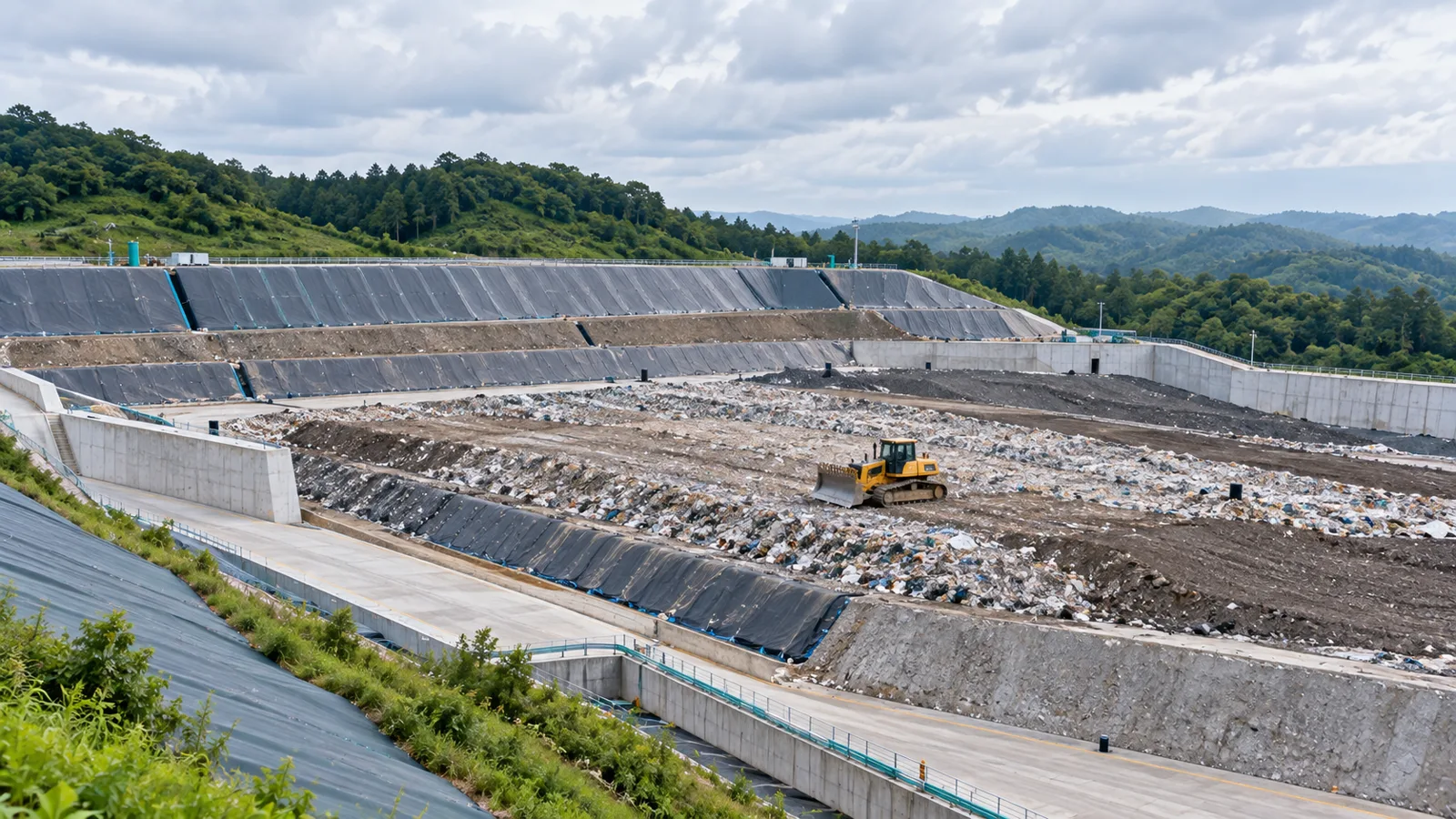 造成された最終処分場の埋立エリアと転圧用の重機