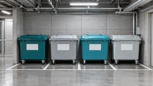 ビル地下の共用ごみ置き場に並ぶ4つの分別容器