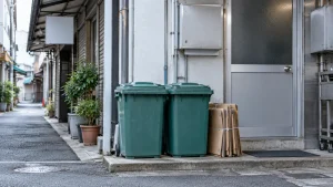 店舗の勝手口に置かれたフタ付きごみ容器と段ボールの束