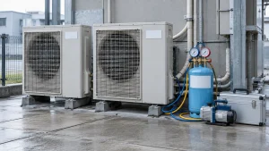 業務用エアコンの室外機とフロン回収用のボンベ・計器