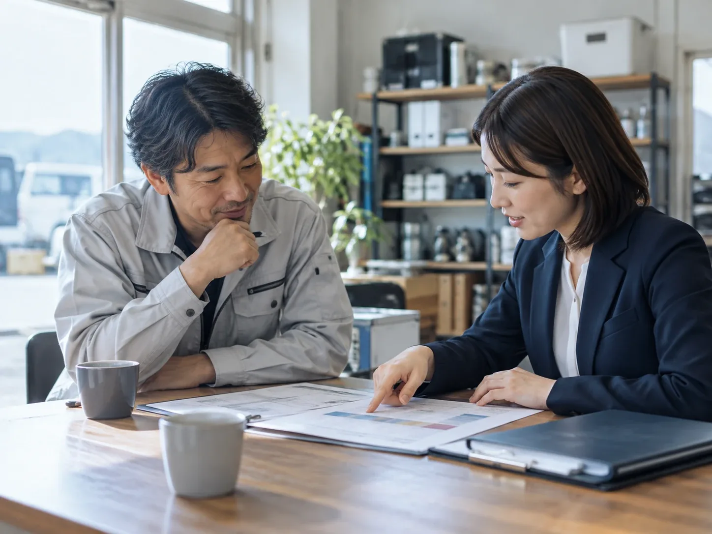 回収の頻度と費用の資料を前に相談する担当者と店主