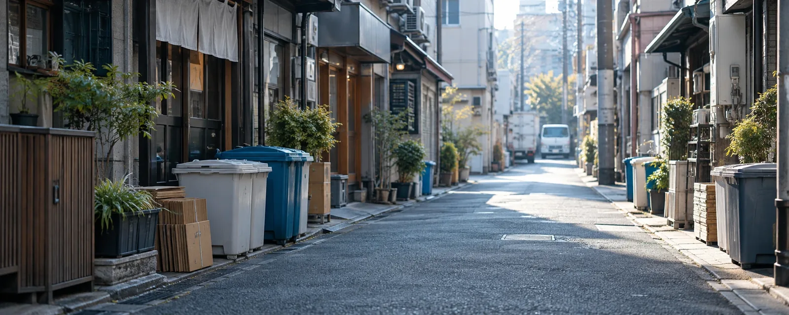 朝の商店街の裏通りと整然と並んだ廃棄物容器