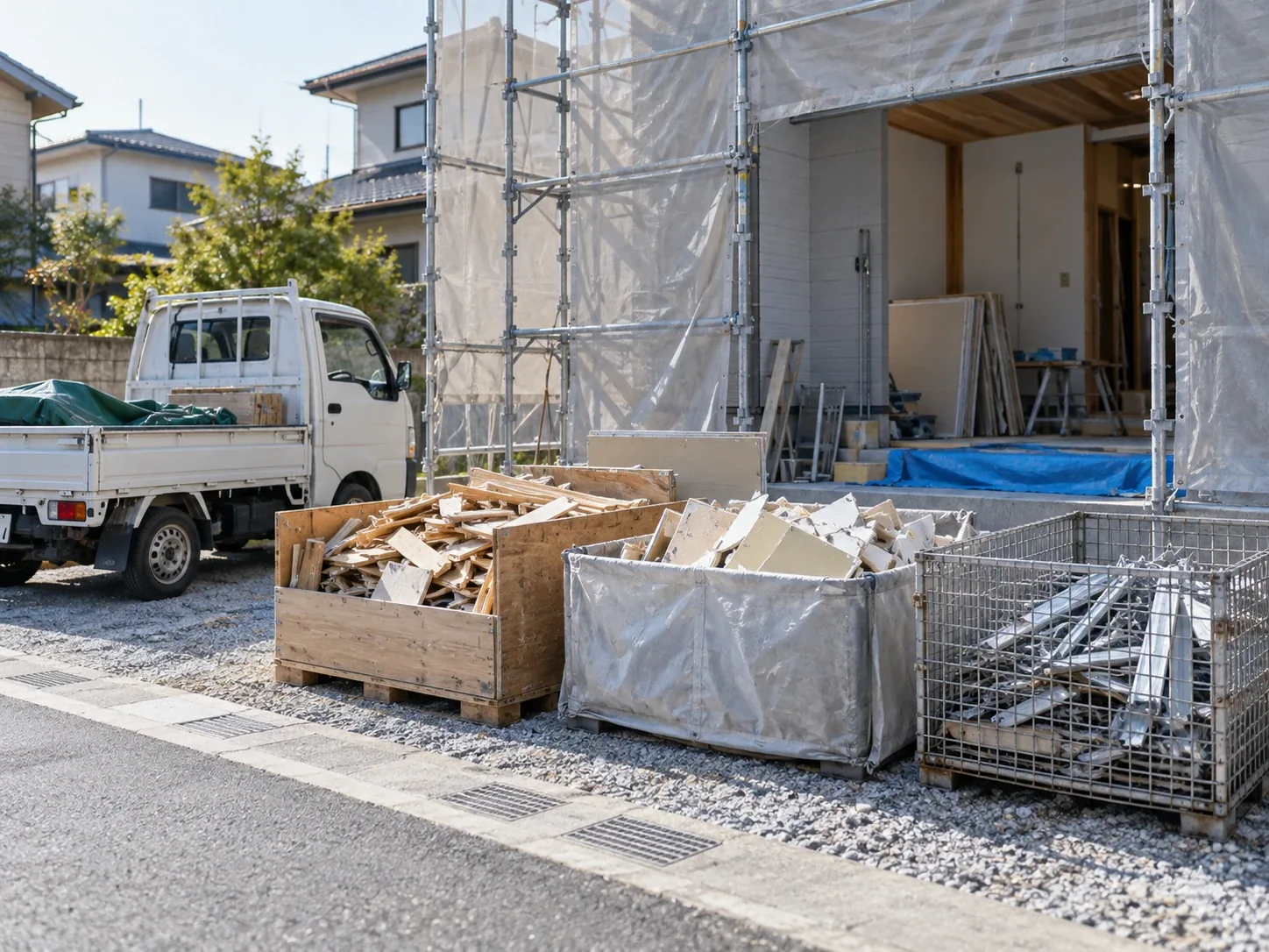 リフォーム現場に区分けされた木くずと金属くず