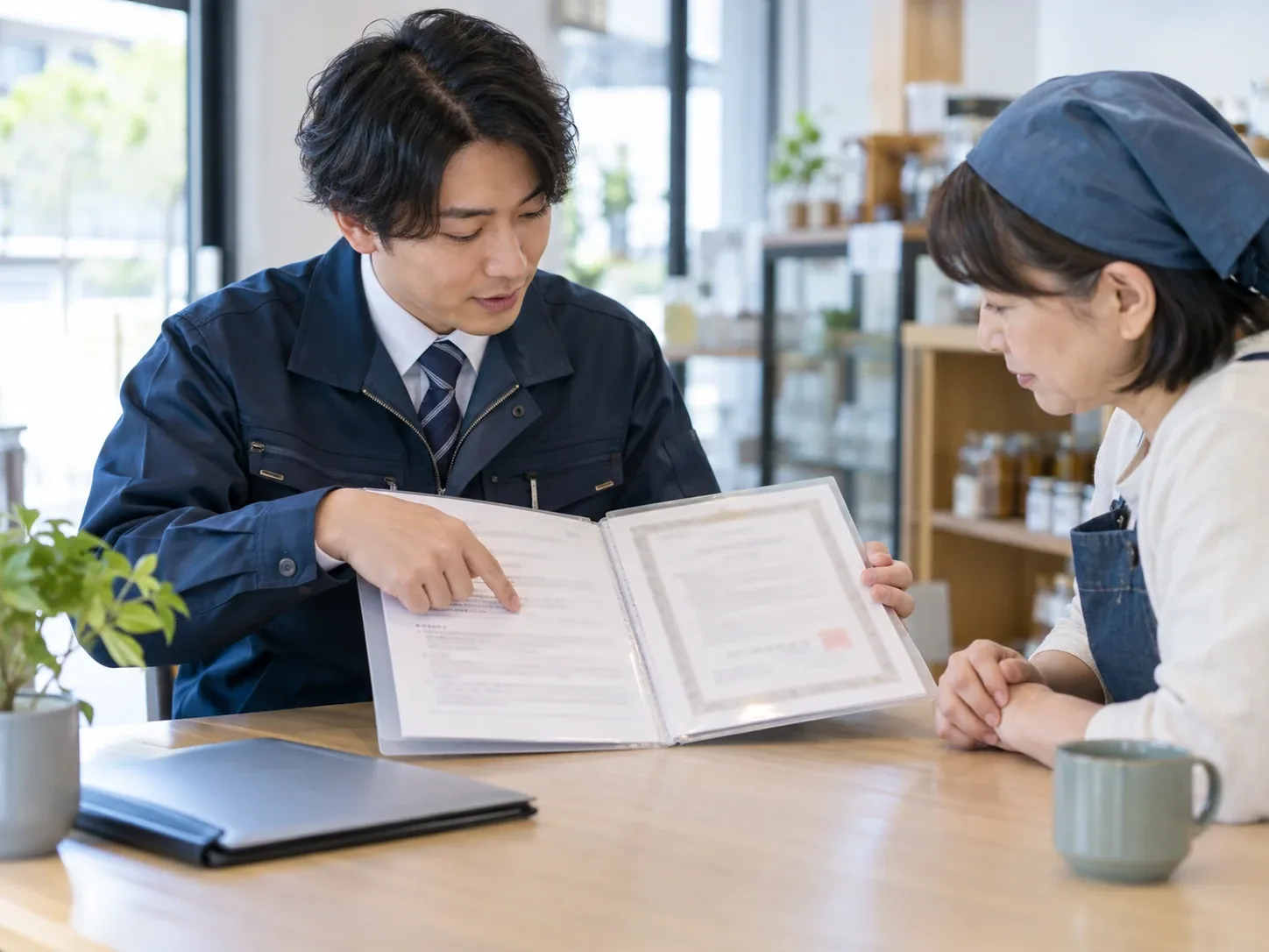 契約書とマニフェストのファイルを示して説明する担当者