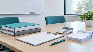 立入検査に備えて整理した書類ファイルとクリップボード