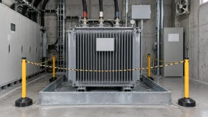 電気室で受け皿の上に置かれ、ロープで区画された変圧器
