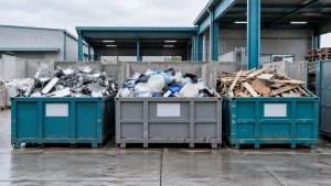 金属くず・廃プラスチック・木くずを分けた3つのコンテナ